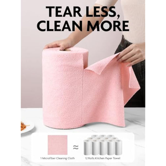 Fantasticlean Microfiber Cleaning Cloth Roll -75 Pack, Tear Away Microfiber Towels, 12" x 12", Reusable, Washable, Scratch Free, Ultra Absorbent Dishcloth for All-Around Cleaning Supplies (Pink)