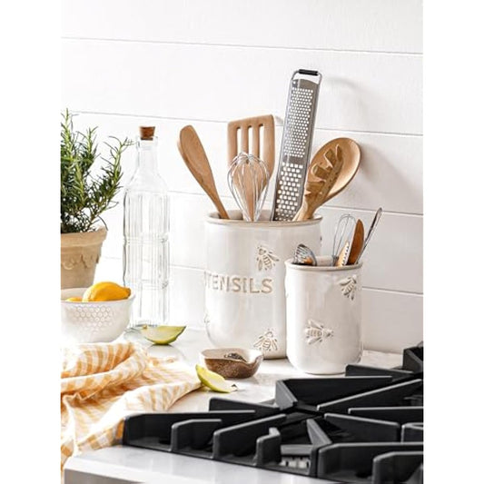 LE TAUCI Utensil Holder for Kitchen Counter - 6.9"+5.3" Ceramic Kitchen Utensil Holder Set of 2, Large Cooking Utensil Crock & Organizer for Spatula, Spoon - Embossed Kitchen Decor, White,Bee