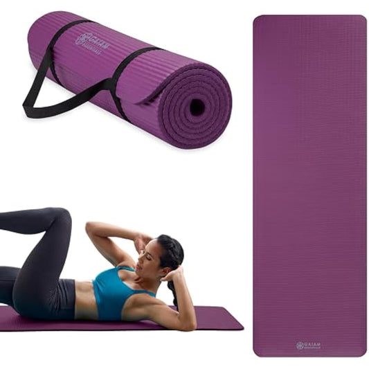 Gaiam Yoga Mat, Pilates & Exercise Mat, Thick 2/5" (10mm) Workout Mat with Easy-Cinch Carrying Strap for Home & Gym Workouts