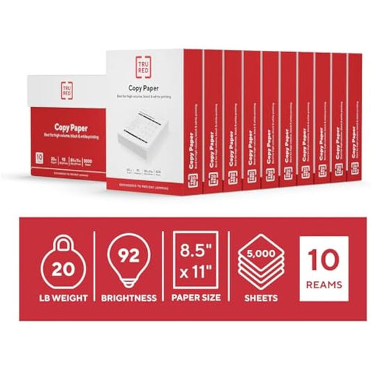 TRU RED 8.5x11 Copy Paper 20 lb. 92-Bright 5000 Sheets/Carton, For Office, School & Home