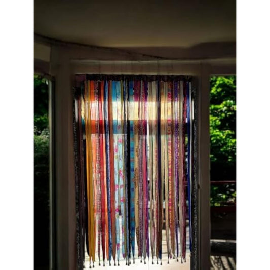 Mango Gifts Old Silk Sari Multicolor Ribbon Doorway Curtain Hippie Bohemian Room Divider Light-Filtering Boho Curtains Rod Pocket Window Drape for Livingroom Bedroom 85 x 45 Inch