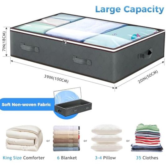 Budding Joy 90L Under Bed Storage Containers, Closet Organizers and Storage Bins, Foldable Underbed Storage Bags for Linen Sheets, Blanket, Clothing, Comforter, Sweaters, Pillows, Wrapping Paper, Grey