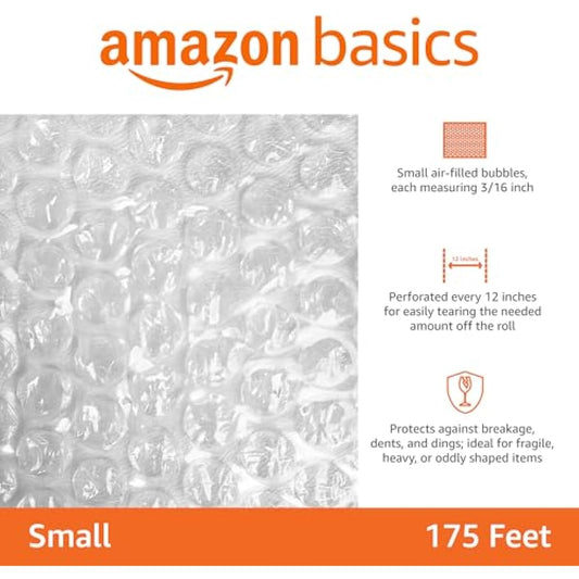Amazon Basics Bubble Wrap for Moving, Packing, Shipping and Storage, Perforated Protective Cushioning for Fragile Items, 12-inch x 175-ft Long Roll, Small 3/16", Clear