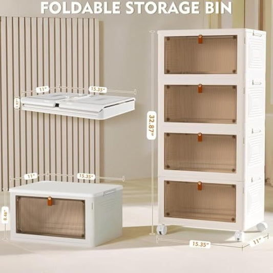4 Tier Plastic Storage Bins with Lid 23QT, Stackable Storage Containers with Wheels, Folding Storage Boxes, Stackable Storage Bins, Organizers and Storage for Living Room,Office,Dorm