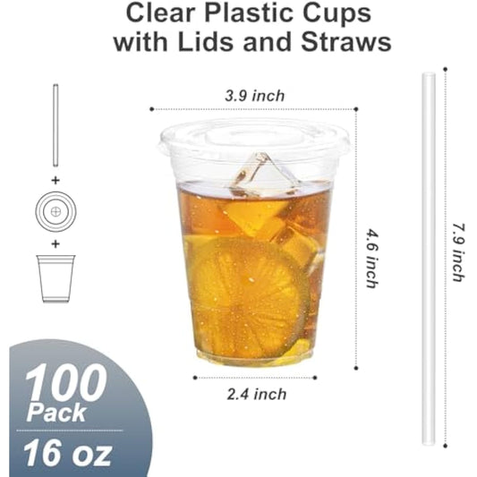 100 Pack 16 oz Clear Plastic Cups with Lids & Straws – Sturdy, Food-Safe Disposable Cups for Iced Coffee, Smoothies & Cold Drinks