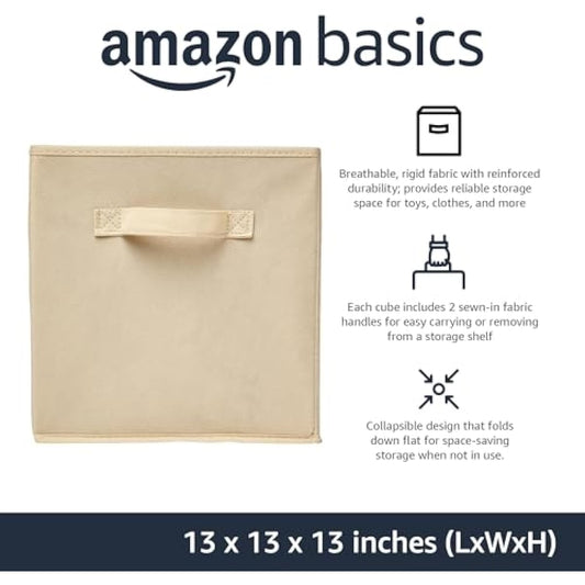 Amazon Basics Collapsible Fabric Storage Cube Bins Organizer with Handles, Sturdy, Beige, 13-x-13-x-13-inch, Pack of 6