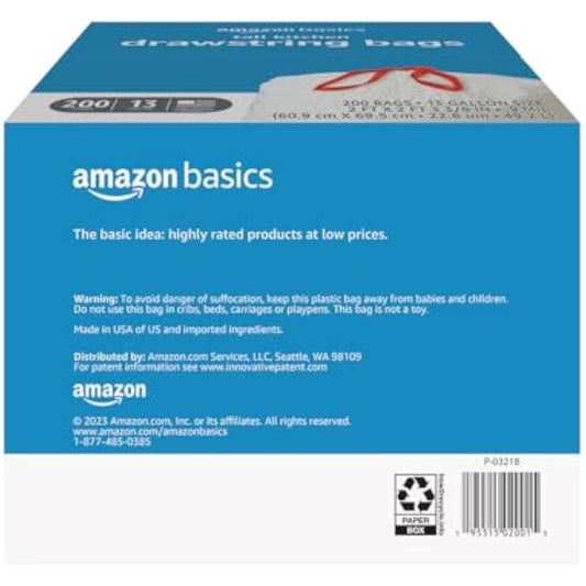 Amazon Basics Tall Kitchen Drawstring Trash Bags, Sturdy, 13 Gallon, Unscented, 200 Count