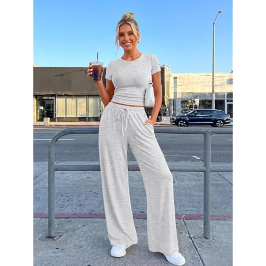 Trendy Queen 2 Piece Matching Summer Sweatsuit Lounge Set Womens Wide Leg Pants Side Ruching Crop Top Sets