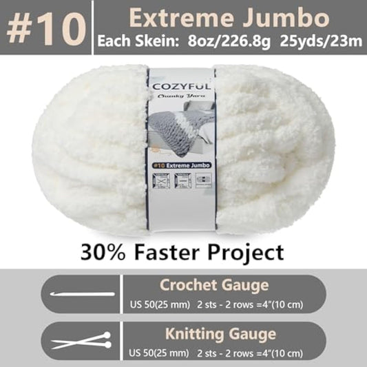 Chunky Yarn for Hand Knitting - #10 Chunky Chenille Yarn, Jumbo Big Thick Chunky Yarns for Crocheting, Super Bulky Chunky Knit Blanket Yarns, 8 Skein (25 yds 8 oz Each Skein), Cream