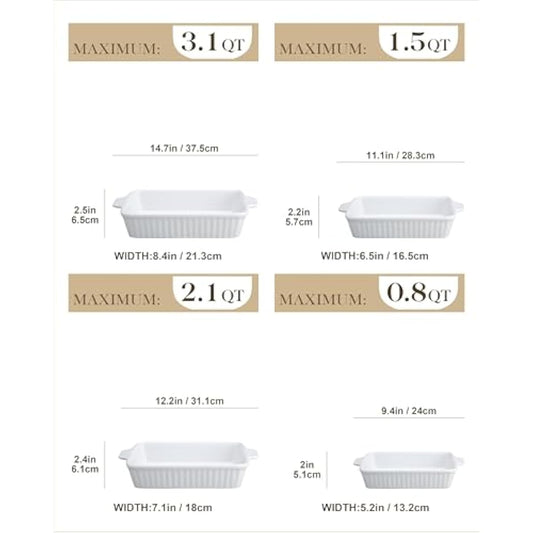 MALACASA Casserole Dishes for Oven, Porcelain Baking Dishes, Ceramic Bakeware Sets of 4, Rectangular Lasagna Pans Deep with Handles for Baking Cake Kitchen, White (9.4"/11.1"/12.2"/14.7"), Series
