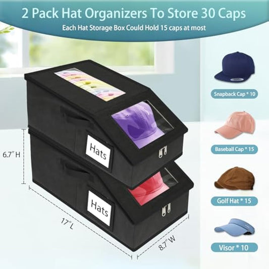 Stackable Hat Storage for Baseball Caps, 2 PCS Hat Storage Boxes for Closet, Holds up to 30 Caps with Cardboard, Hat Organizer for Women & Men(Two Clear Window) (Black)