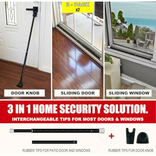 SECURITYMAN 2-in-1 Door Security Bar & Sliding Patio Door Security Bar (2 Pack) via Interchangeable Caps - Heavy Duty Iron Construction Door Stoppers Lock for Home, Apartment, Travel Hotel - Black