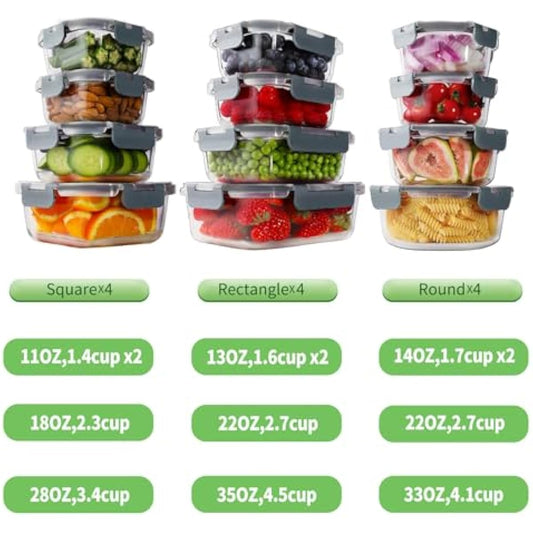 HOMBERKING 24pc Borosilicate Glass Food Storage Containers with Snap Locking Lids, Glass Meal Prep Containers, Airtight Lunch Boxes, Oven, Freezer and Dishwasher Safe, BPA Free, Kitchen Storage Set