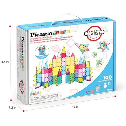 PicassoTiles 100 Piece Set 100pcs Magnet Building Tiles Clear Magnetic 3D Blocks Construction Playboards, Creativity Beyond Imagination, Inspirational, Recreational, Educational Conventional