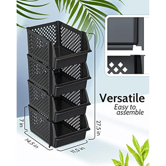 TidyFriend 4 Pack Stackable Storage Bins Open Front for Pantry Organizers and Storage, Pantry Storage for Food, Kitchen and Home Organization, Plastic Storage Bins, Dorm Room Essentials (Black)