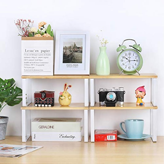 NEX Bamboo Kitchen Cabinet and Counter Shelf Organizer, Stackable & Expandable, Set of 4, White and Natural