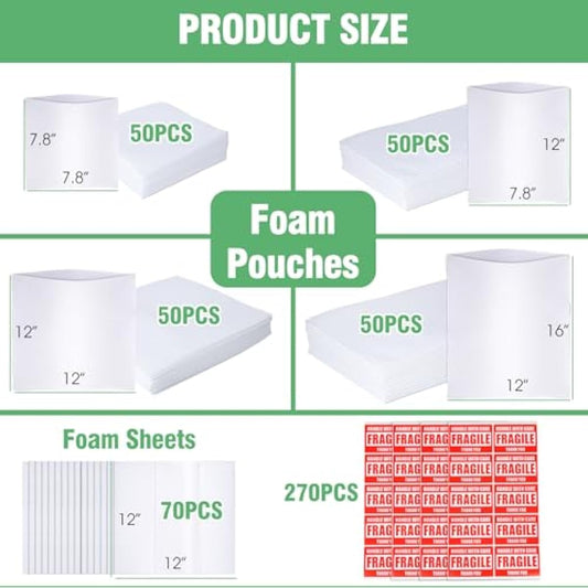 540Pcs Dish Packing Supplies for Moving, 270 Cushion Foam Wrap Pouches & Sheets 4 Sizes (16x12", 12x12", 12x7.8", 7.8x7.8") with 270 Fragile Stickers Plate Packing Sleeves for Fragile Shipping Storage