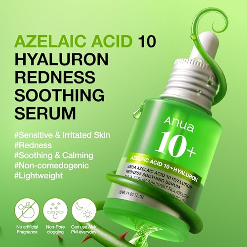 Anua Azelaic Acid 10 Hyaluron Redness Soothing Serum, Facial Serum for Blemish-Prone & Oily-Prone Skin, Lightweight & Hydrating Blemish Care, Hyaluronic Acid, Korean Skincare, 1.01 fl oz.