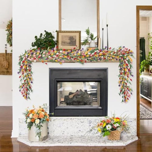 6ft Spring Flower Garland for Mantle Decor: Artificial Floral Vine with Greenery for Wedding Arch, Fireplace, Table & Wall, All Season Home Decor for Summer, Easter, Mother's Day (Yellow+Pink)