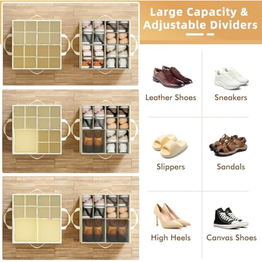 2 Pack Shoe Organizer for Closet, Large Shoe Box Storage Containers, Foldable Shoe Storage Organizer Box Bin with Adjustable Dividers and Clear Cover, Space Saving Shoes Holder, Beige