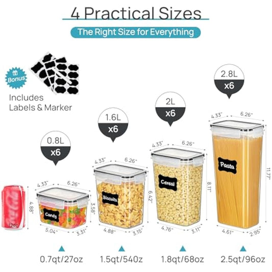Airtight Food Storage Containers with Lids, Vtopmart 24 pcs Plastic Kitchen and Pantry Organization Canisters for Cereal, Dry Food, Flour and Sugar, BPA Free, Includes 24 Labels,Black