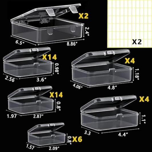 Bead storage container,44pcs of different sizes rectangular mini clear plastic storage box with hinged lid and label for bracelet making DIY jewelry craft nail organizer,Mix Size-2