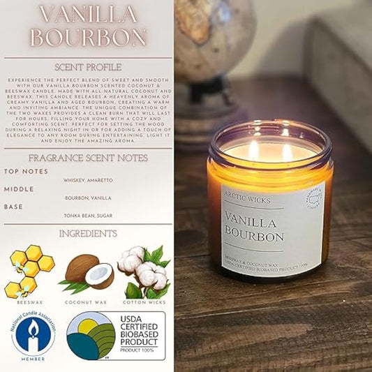 Vanilla Bourbon Candle | Arctic Wicks 16oz Coconut & Beeswax Candles | Scented Non-Toxic Candles for Fall, Winter, Holidays, Gifts for Him, Whiskey Bourbon, Vanilla | USDA Certified Biobased