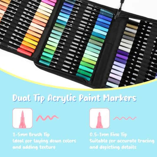 Pagather 72 Colors Acrylic Paint Markers, Dual Tip with Fine Tip and Brush Tip Pens for Stone, Wood, Calligraphy, Canvas, Ceramic, Metal, Glass, Rock Painting, DIY Crafts Art Supplies Kit