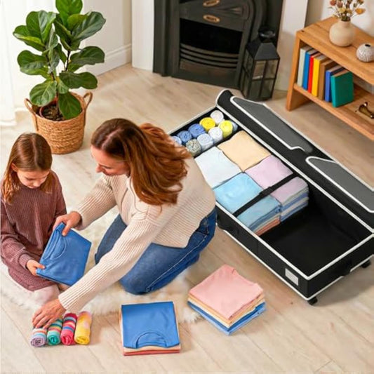 GoMaihe Under Bed Storage with Wheels: 70L Rolling Bins for Wrapping Paper Storage, Toys, Clothes - Includes Mesh Bag & Adjustable Dividers, Metal Frame Easy Pull-out Black 1-Pack