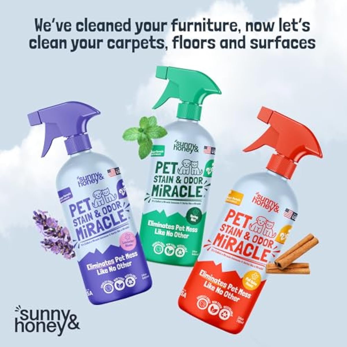 Sunny & Honey Upholstery Cleaner Spray - No Discoloration - Pet & Kid Safe Stain Remover - Multi-Surface Furniture & Sofa Cleaner Spray - Fast-Drying Pet Stain Remover (32 fl oz, Mint)