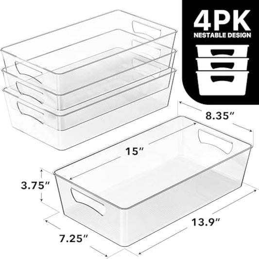 Simple Houseware 4 Pcs Kitchen Clear Bin Storage Organizer, 15" x 8" x 3.75"