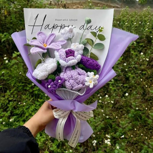 Completed Purple Crochet Flowers Bouquet, Handmade Knitted Bouquet, Crochet Artificial Flowers for Mother's Day Birthday, Wedding Home Decor, Gifts for Mom (Purple Tulip)