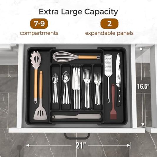 Extra Large Expandable Silverware Organizer, BPA-Free Food-Safe Cutlery Flatware Organizer, Kitchen Utensil Drawer Organizer, Adjustable Silverware Holder for Spoons Forks Knives, Black