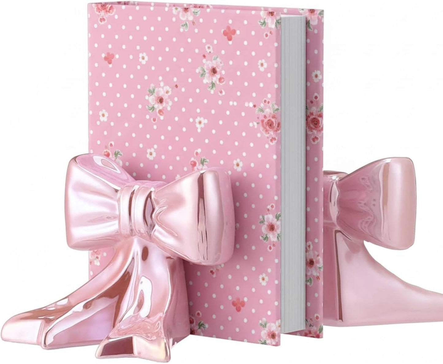 Leinuosen 2 Pcs Gold Bow Bookends Ceramic Cute Book Ends Decorative Book Stand Bow Sculpture Statues Tabletop Shelf Ornament Room Decor for Home Office School Dorm Girl Desk