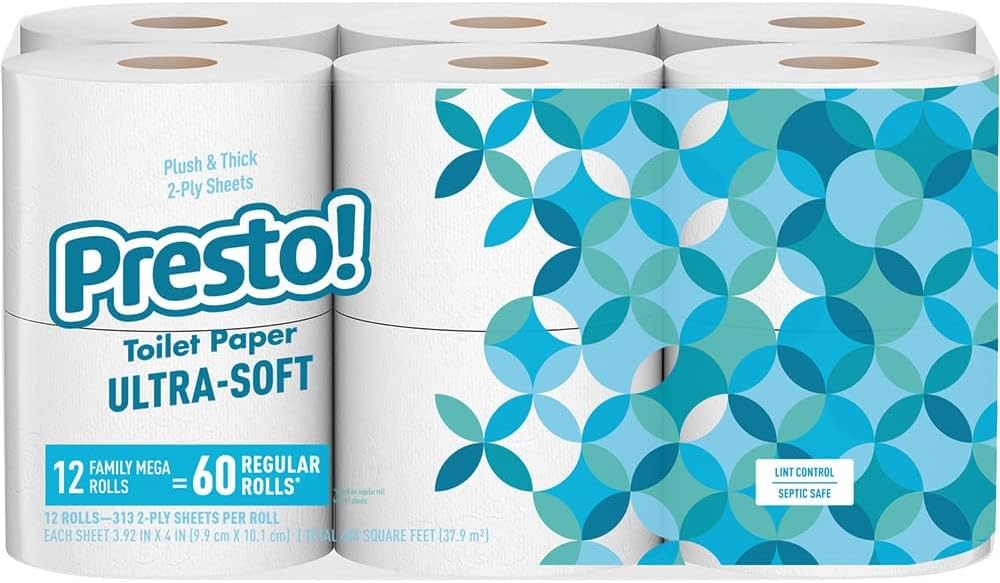 Amazon Brand - Presto! 2-Ply Ultra-Soft Toilet Paper, 6 Family Mega Rolls = 30 regular rolls, 1878 Count (6 roll of 313 sheets), Unscented, White