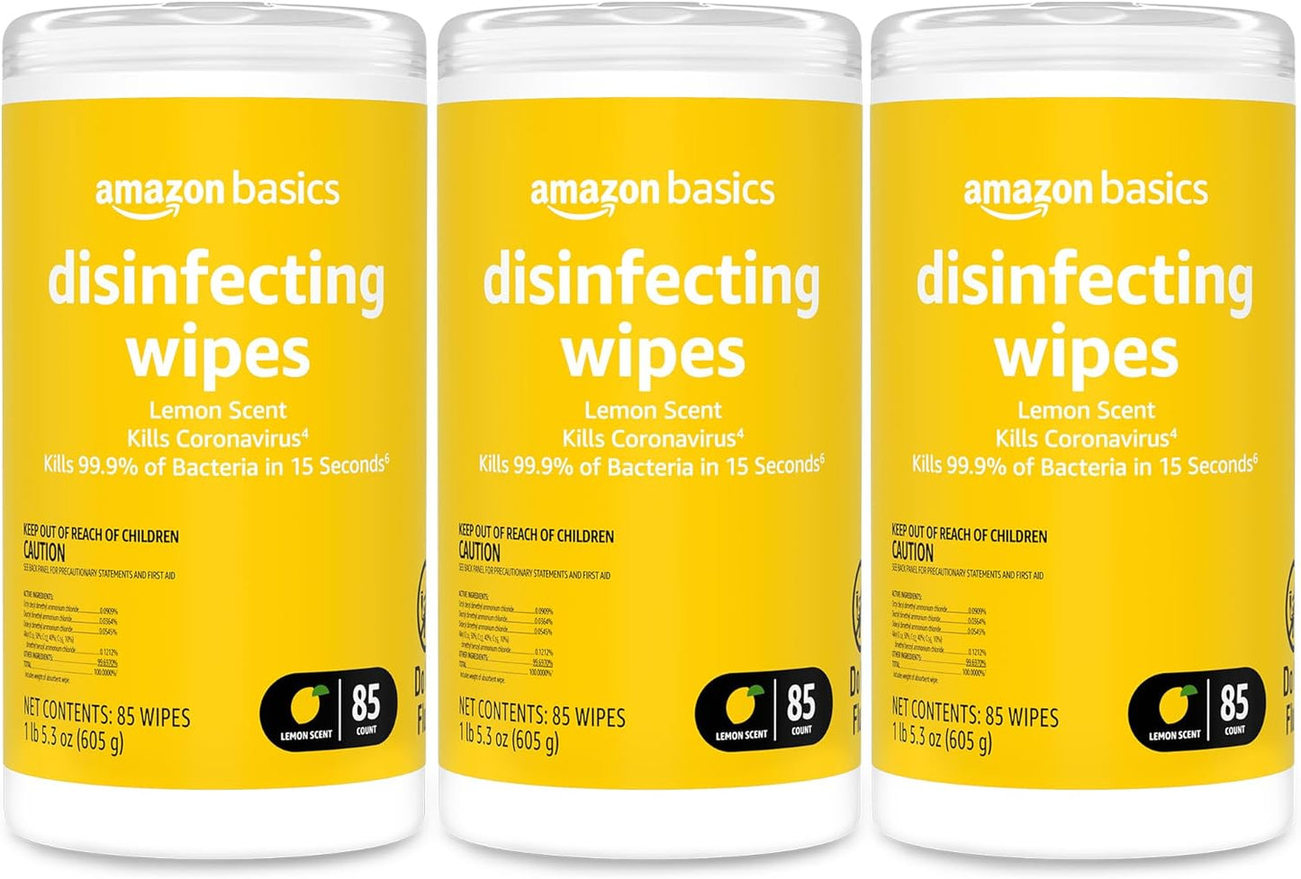 Amazon Basics Disinfecting Wipes, Lemon & Fresh Scent, Sanitizes/Cleans/Disinfects/Deodorizes, 255 Count (2 Packs Lemon, 1 Pack Fresh Scent)