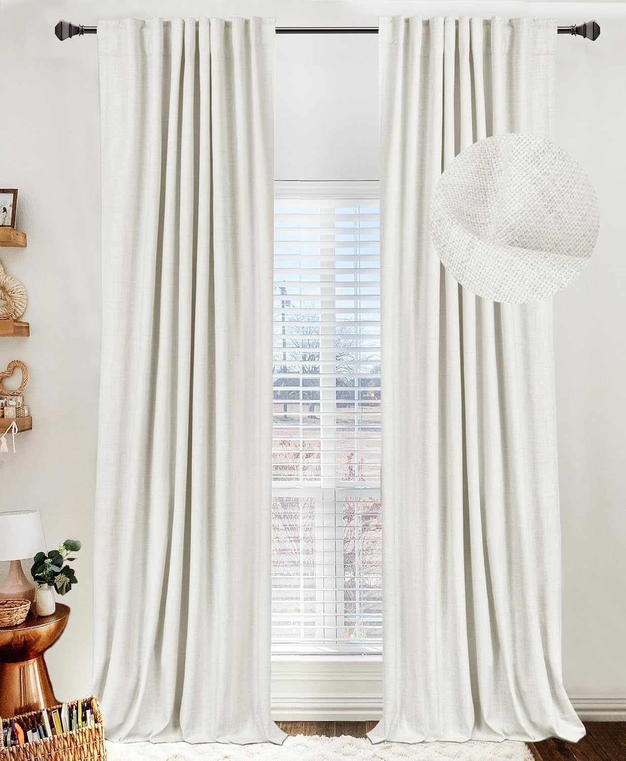 100% Blackout Shield Linen Blackout Curtains for Bedroom 84 Inches Long, Back Tab/Rod Pocket Living Room Drapes, Thermal Insulated Blackout Curtains 2 Panels Set, 50" W x 84" L, Cream