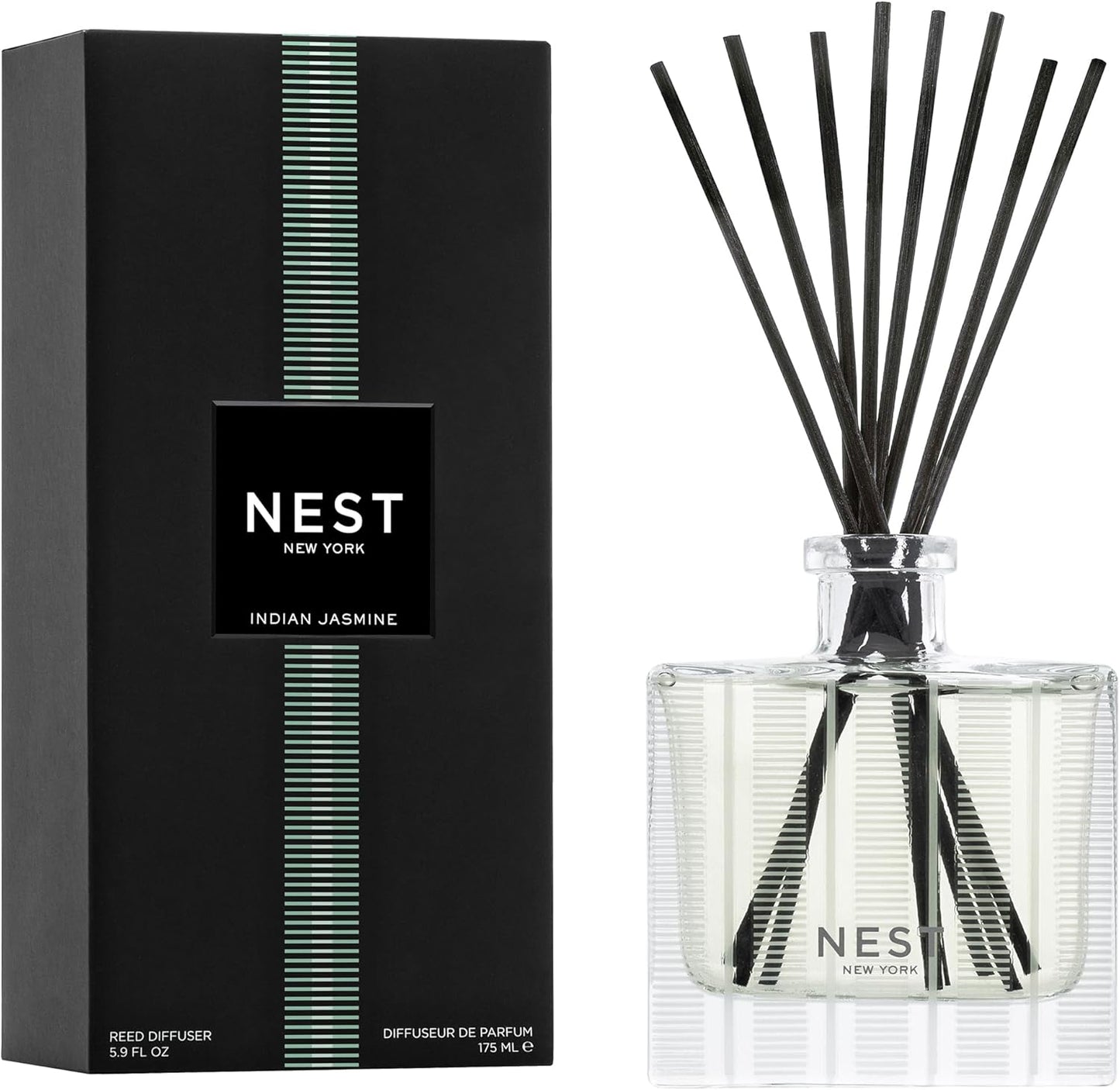 NEST New York Reed Diffuser, Ocean Mist & Sea Salt - 5.9 fl oz - Fragrance for Up to 90 Days - Reusable, Refillable Glass Holder - Includes 8 All-Natural Reed Sticks - Flame Free