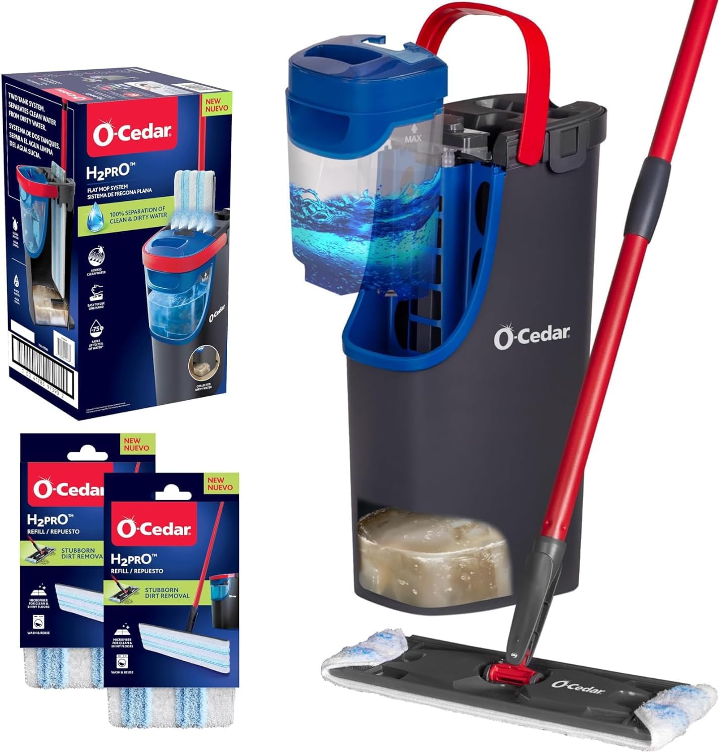 O-Cedar H2prO Flat Mop System | Quick Cleaning Tool | Clean with Water | Machine Washable Reusable Microfiber Mop Pad | Safe on Wood Floors, Vinyl, Tile, Baseboards, Walls
