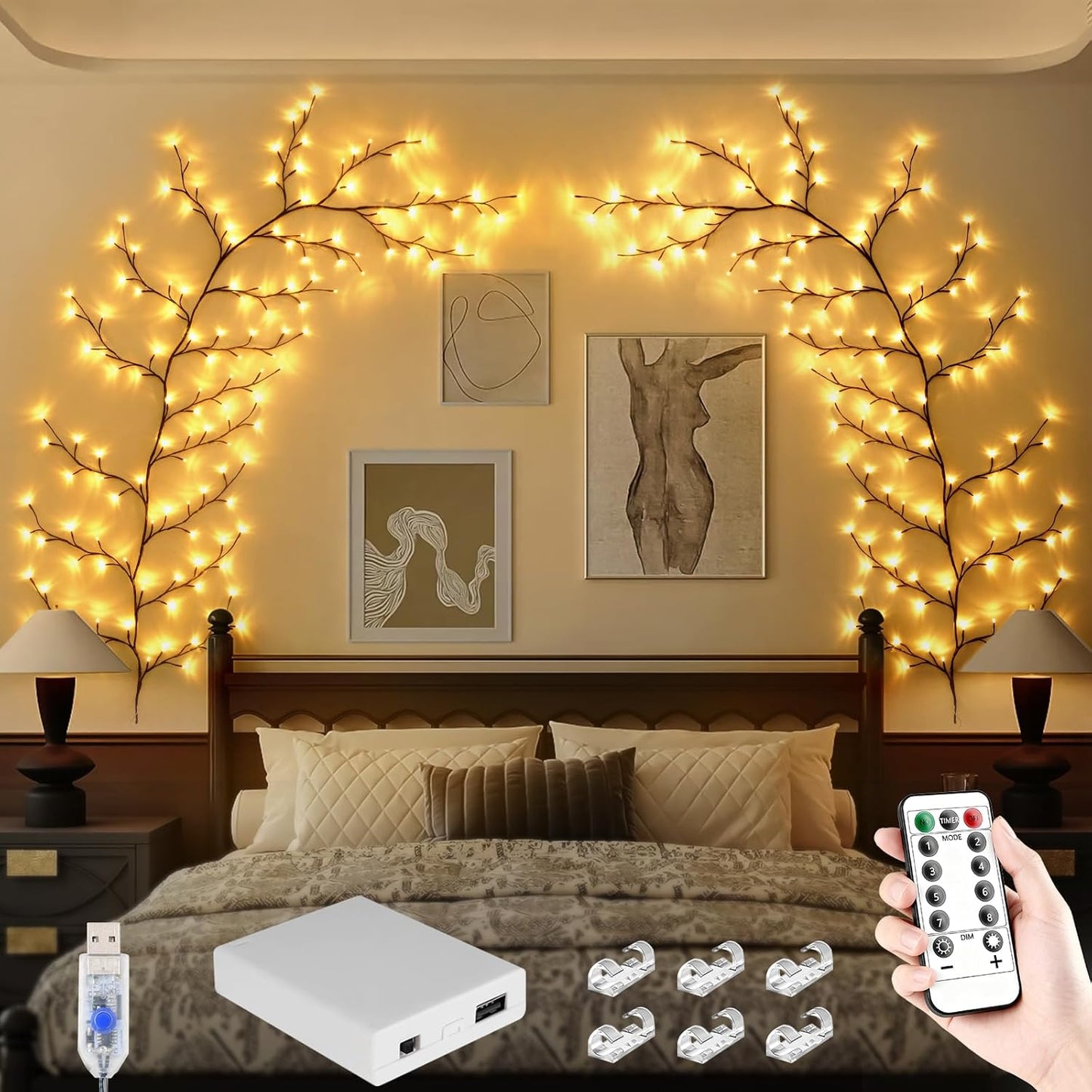 Cherry Enchanted Willow Vine Lights 7.55FT 144LED Pink Cherry Blossom Tree Branch Lights for Wall, Remote Timer,8 Light Model,Bedroom Wall Doors Wedding, Christmas, USB Battery Box