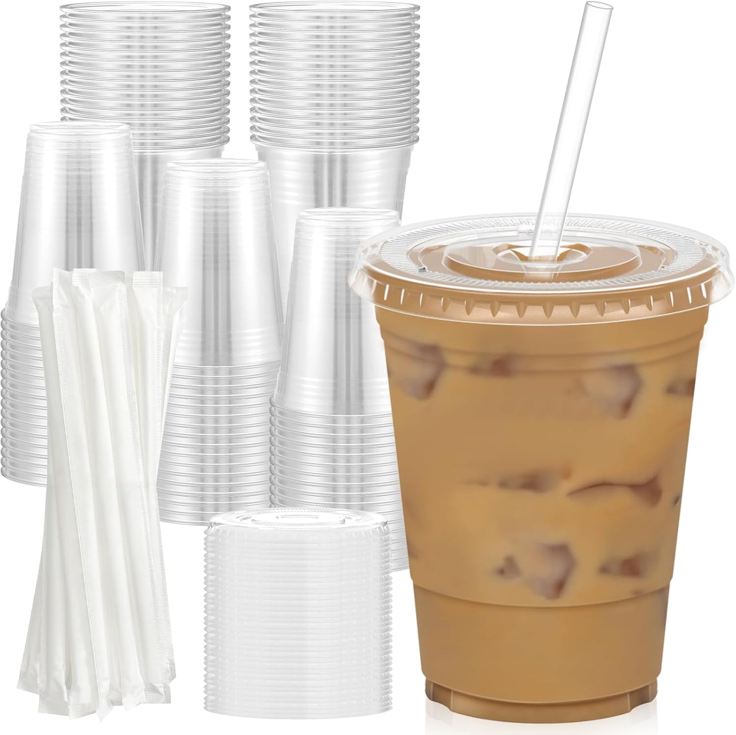 100 Pack 16 oz Clear Plastic Cups with Lids & Straws – Sturdy, Food-Safe Disposable Cups for Iced Coffee, Smoothies & Cold Drinks