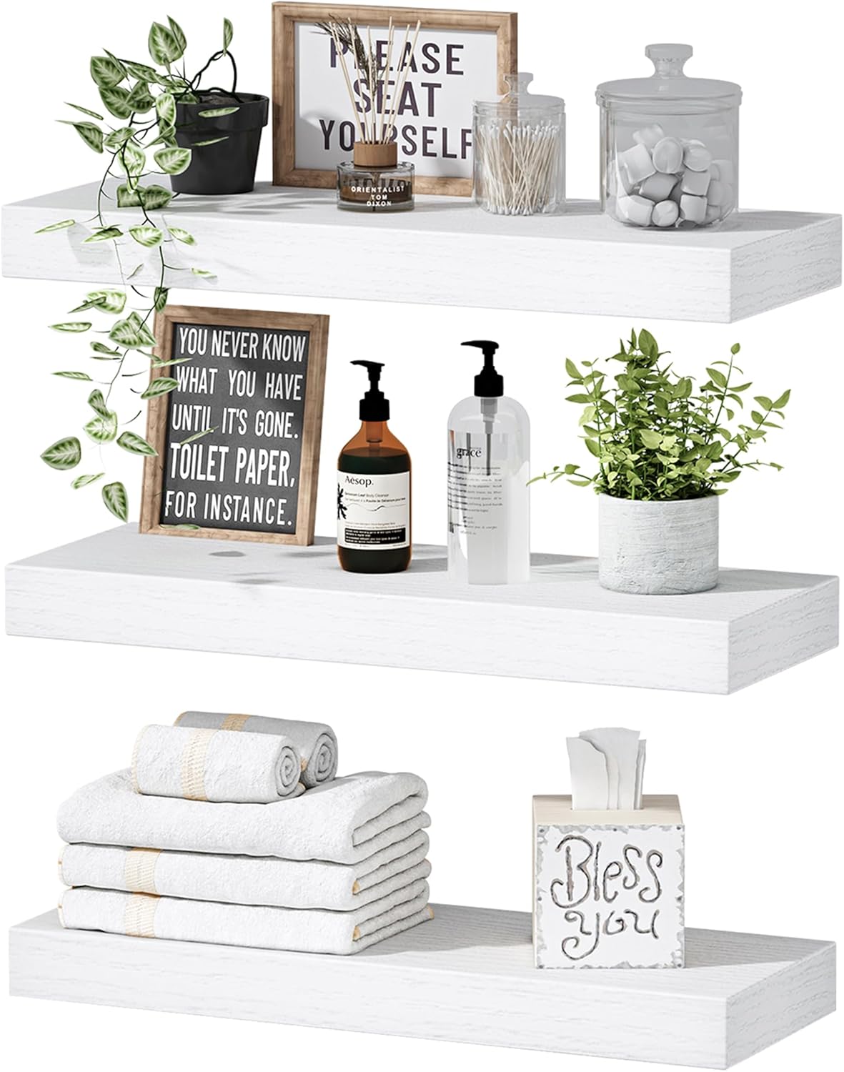 QEEIG Floating Shelves for Wall Bathroom Shelf Bedroom Kitchen Living Room Hanging Book Shelves Small Farmhouse Decor 16 inch Set of 3, Rustic Brown (015-BN3)