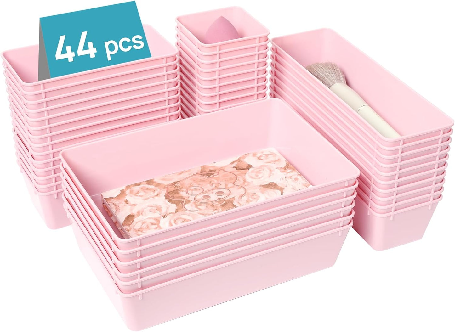 Vtopmart 44 PCS Clear Plastic Drawer Organizers Set, 4-Size Versatile Bathroom and Vanity Organizer Trays, Non-Slip Storage Containers for Makeup, Jewelries, Bedroom,Kitchen Utensils and Office