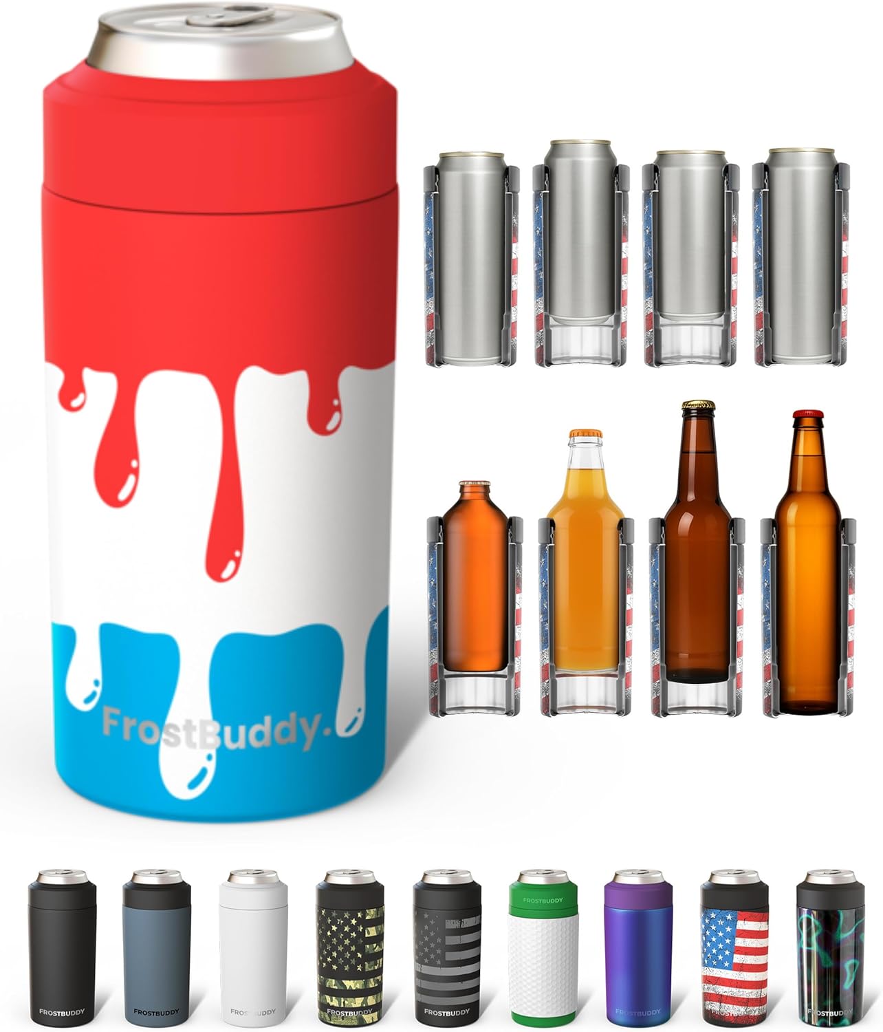 Frost Buddy Universal Can Cooler - Fits All - For Regular 12 & 16 oz or Slim-Size Bottles - Insulated Double-Walled Stainless Steel (MatteBlack)