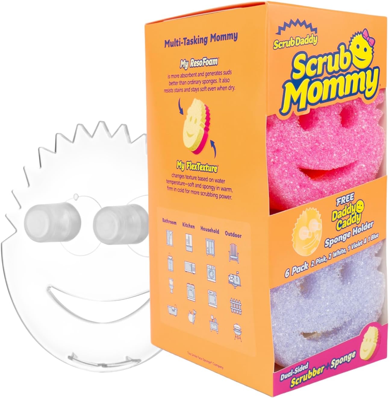Scrub Daddy 6 Kitchen Sponges & 1 Daddy Caddy Dish Sponge Holder - BPA Free & Made with Polymer Foam - Stain & Odor Resistant, Scratch-Free Multipurpose Scrubbers