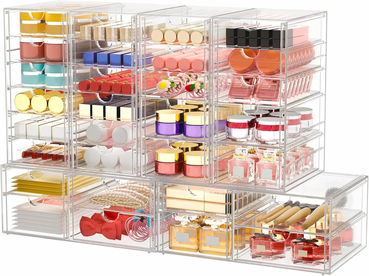 Makeup Organizer Storage with 16 Drawers, 4 Pcs Desktop Office Supplies, Desk Organizers, Clear Accessories, Dustproof Storage Drawer and for Make Up, Jewelry, Pen, Stationary