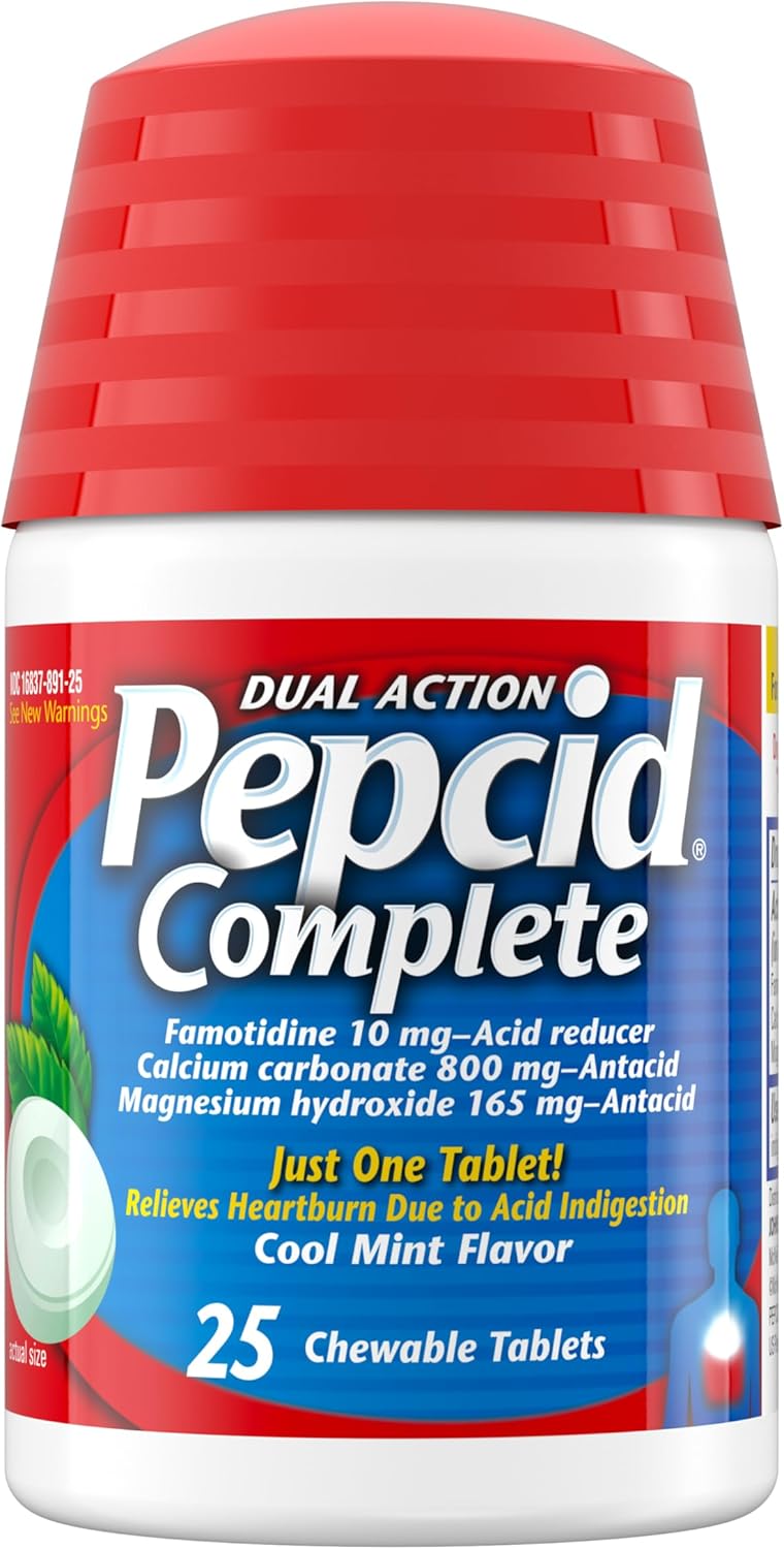 Pepcid Complete Acid Reducer + Antacid Chewables, 10mg Famotidine, 800mg Calcium Carbonate & 165mg Magnesium Hydroxide per Heartburn Medicine Tablet, Antacid Chews, Berry Flavored, 70 ct