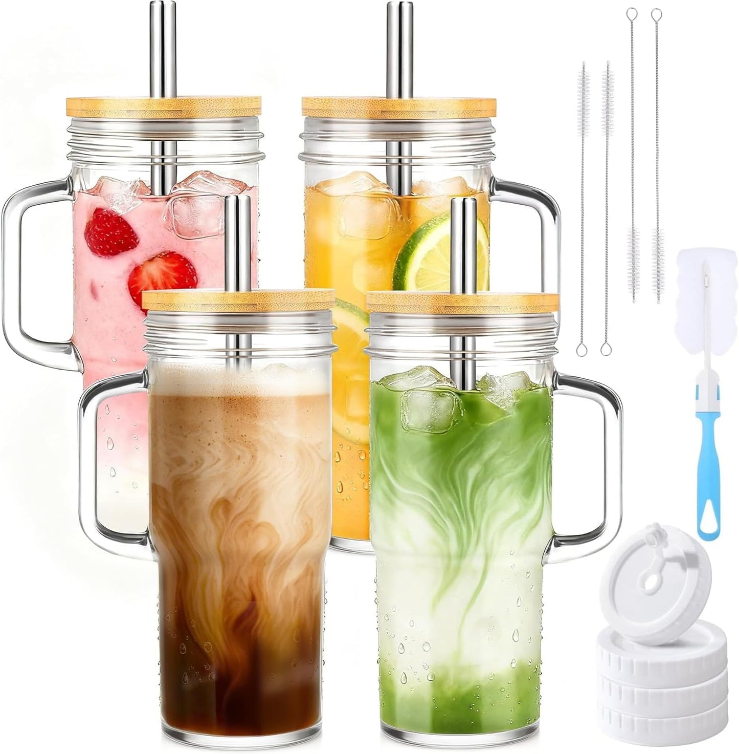 Birity 24oz Glass Cups with Lids and Straws,Glass Tumbler with Handle,2 set–Reusable Glass Ice Coffee Cups with Lid and Straw for Smoothies,Tea,Juice,Boba Cup for Cold & Hot Drinks,Travel Cup