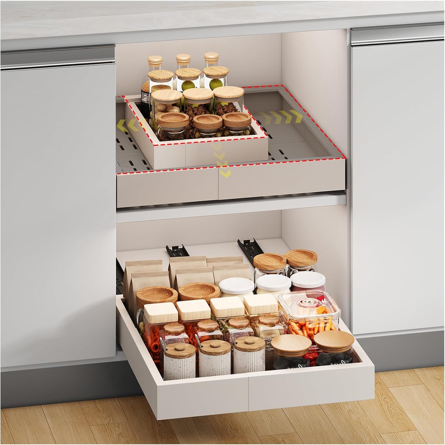 Pull out Cabinet Organizer,Width (14"-21") and Depth (17"-24") Expandable With 3 Rails,No Drill Adjustable Slide out Drawers for Kitchen,Pantry,Adhesive Roll out Shelves,for Cabinets Without Lip,White