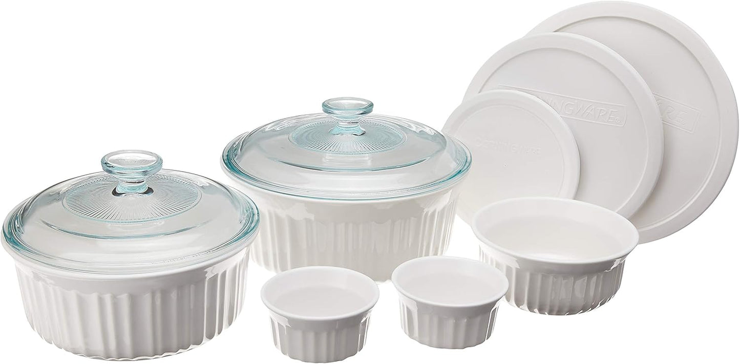 CorningWare Ceramic Bakeware Set with Lids Chip and Crack Resistant Stoneware Baking Dish, Microwave, Dishwasher, Oven, Freezer and Fridge Safe, 6-Piece French White
